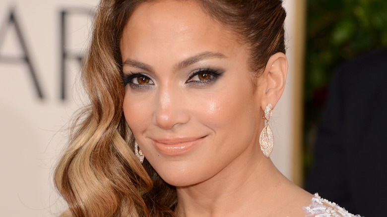Jennifer Lopez showing off the 2020 makeup trend of dewy skin