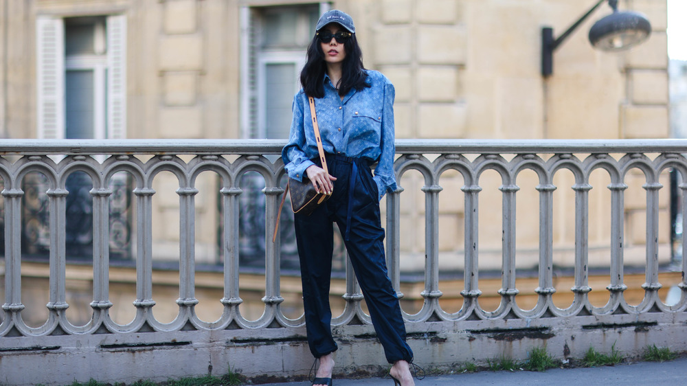 A model wearing blue at Paris Fashion Week 