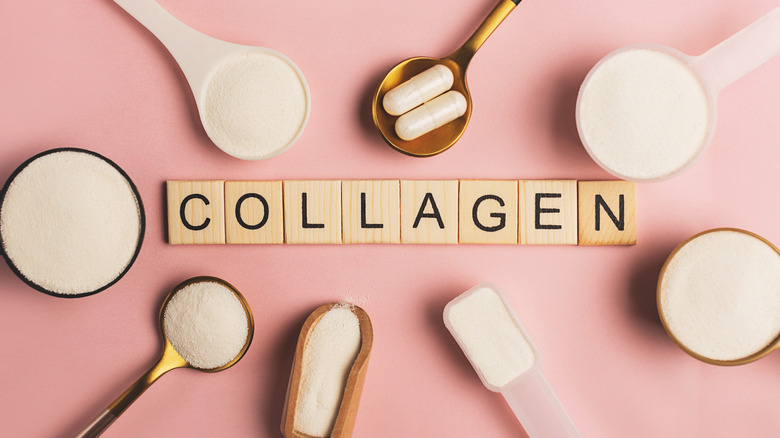 powder scoops surrounding collagen scrabble letters