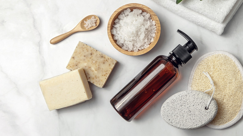 At-home spa with salt, soap and pumice