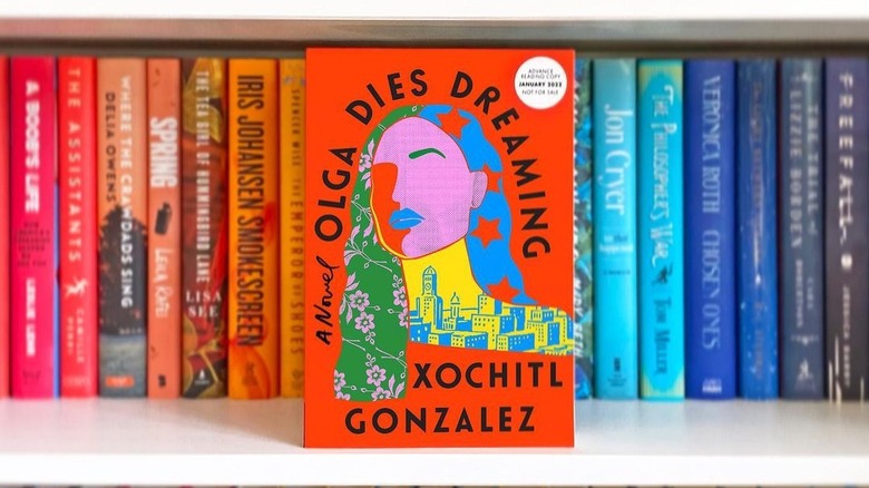 "Olga Dies Dreaming" by Xóchitl González on a bookshelf