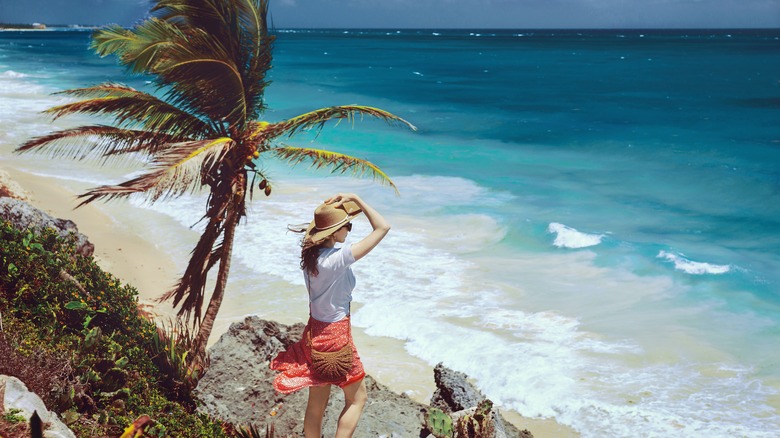 Woman overlooking Caribbean Sea