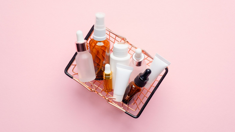 Shopping basket filled with skincare items