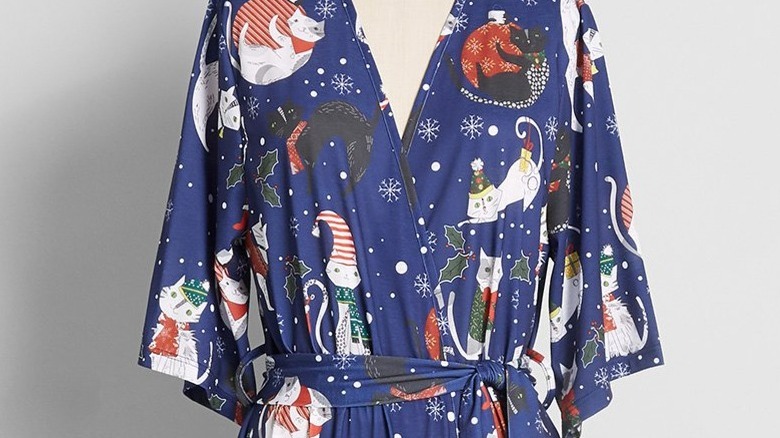 robe with pattern of cats dressed in holiday clothes 