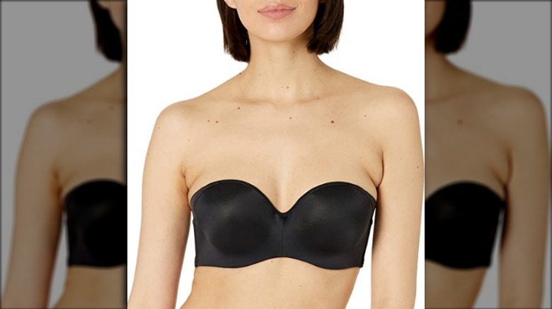 Woman modeling a seamless strapless bra