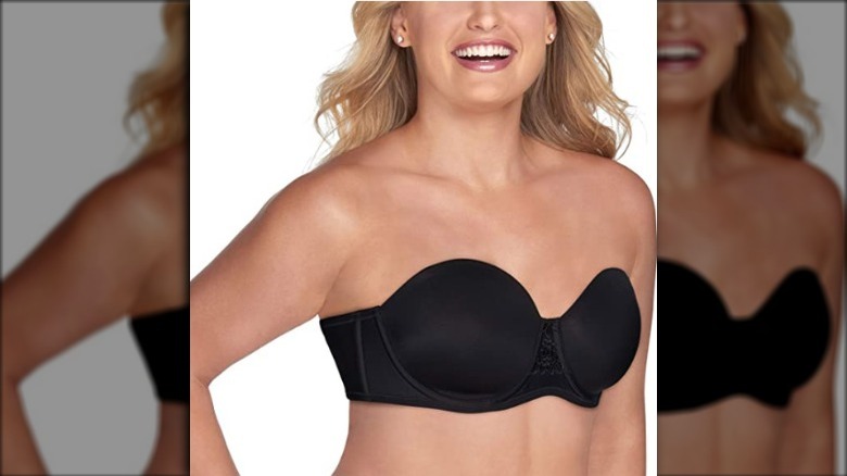 Woman modeling a strapless bra