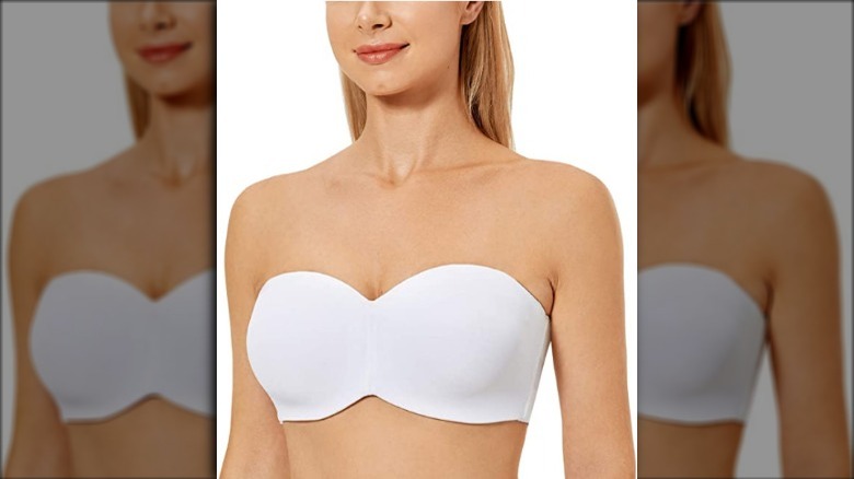 Woman modeling a strapless bra without padding