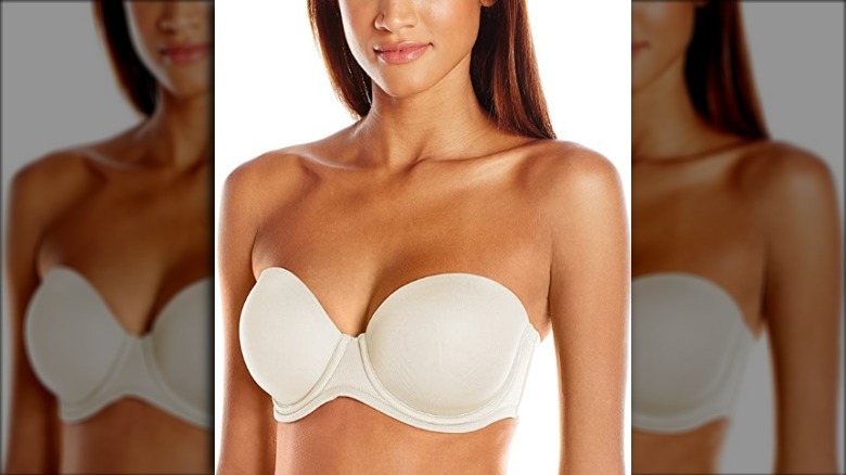 Woman modeling a strapless bra