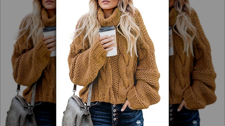 chunky caramel knit turtleneck sweater