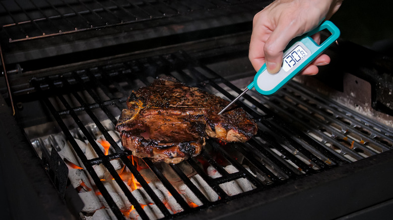 A meat thermometer in steak