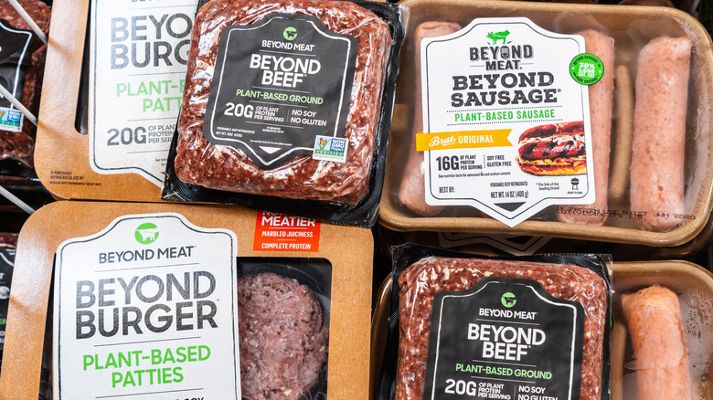 Beyond Meat ground, sausage, and burger patties in packaging 