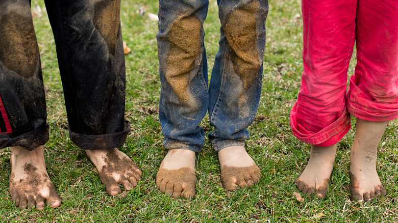 Mud stains on children's clothes