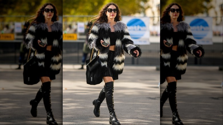 striped faux fur jacket street style