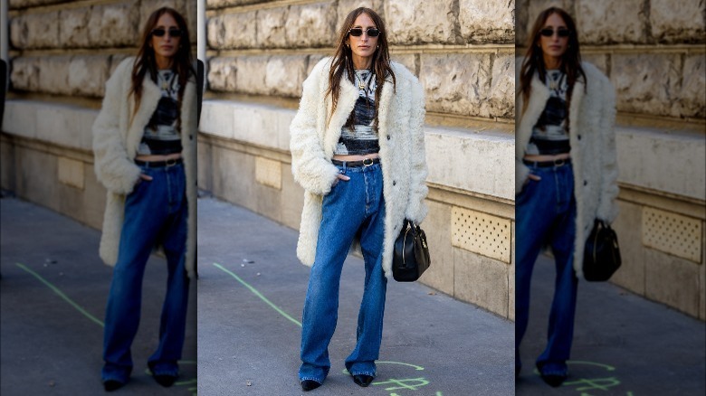 white faux fur coat street style