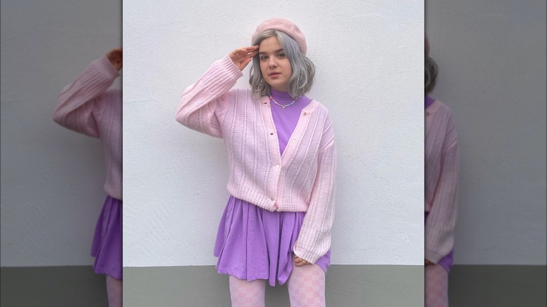 Woman wearing purple dress