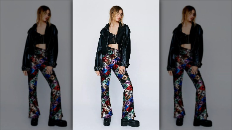 Nasty Gal model wears sequined pants and moto jacket