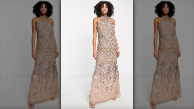 Asos model wears embellished tan maxi 