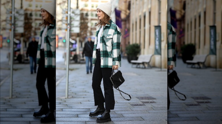 grunge flannel outfit with beanie