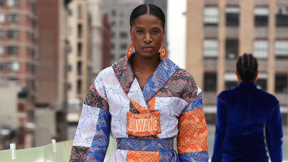 model wearing patchwork dress