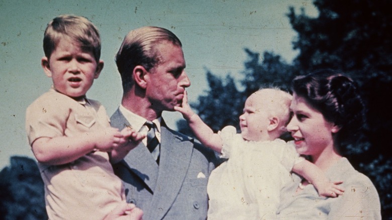 King Charles III, Prince Philip, Princess Anne, and Queen Elizabeth II