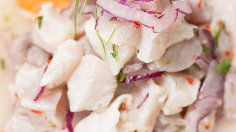 A close-up of cod ceviche with thin red onions and dill 