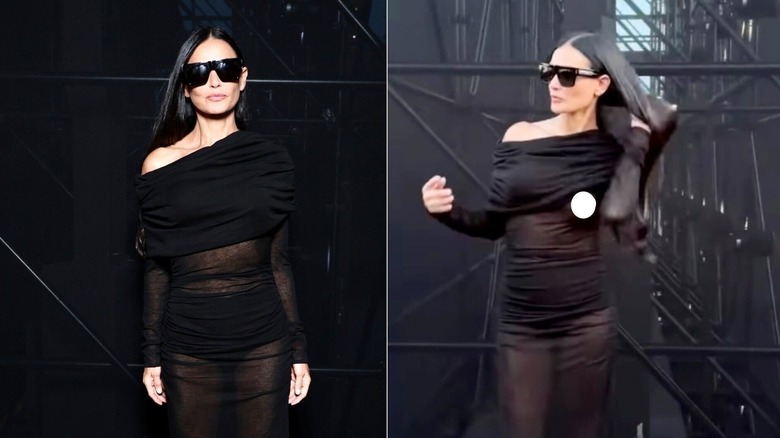 Demi Moore posing in black dress and sunglasses