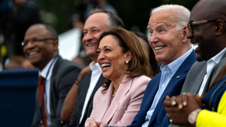 oe Biden , along with Second Gentleman Doug Emhoff and Vice President Kamala Harris, attends a Juneteenth concert