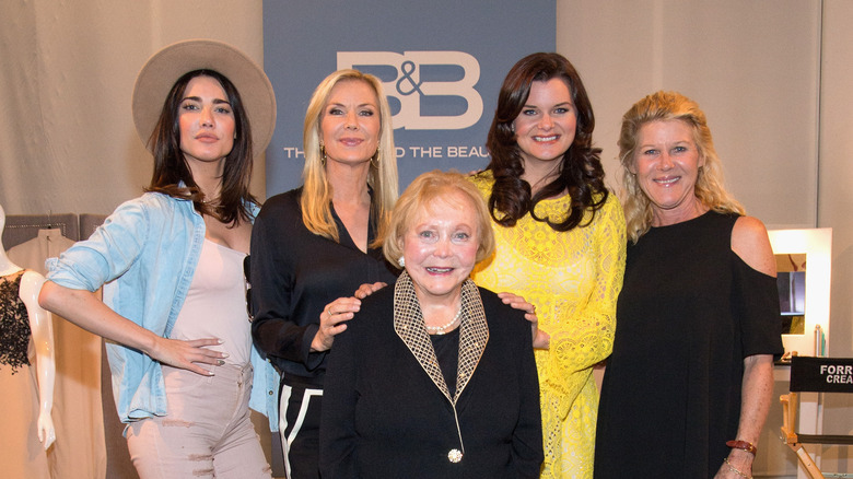 Actresses Jacqueline MacInnes Wood, Katherine Kelly Lang, Heather Tom, Alley Mills and Executive Producer Lee Phillip Bell (c) pose for a photo at 'The Bold And The Beautiful' live script read and panel at The Paley Center for Media
