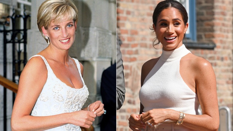 Left: Princess Diana smiling, Right: Meghan Markle smiling