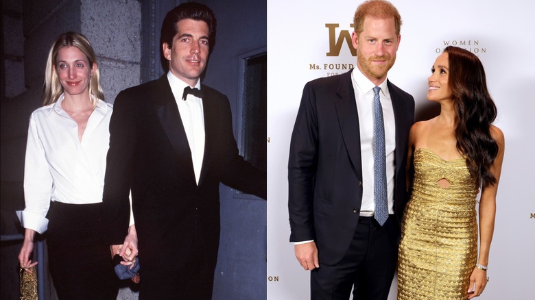 Left: Carolyn Bessette-Kennedy and JFK Jr. walking, Right: Duke and Duchess of Sussex posing