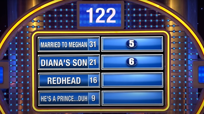 A Family Feud board displaying answers about Prince Harry