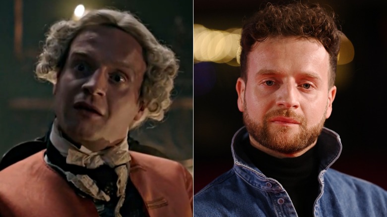 Andrew Gower in "Outlander" and at a screening of the show in 2022.