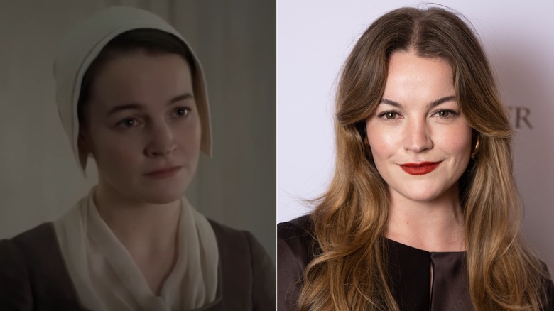 Izzy Meikle-Small in "Outlander" and at a screening of the show in 2024.