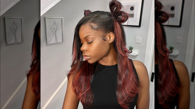 brown hair with red dyed highlights