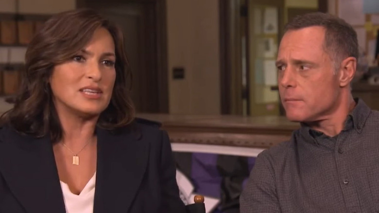 Mariska Hargitay and Jason Beghe being interviewed about Chicago Fire