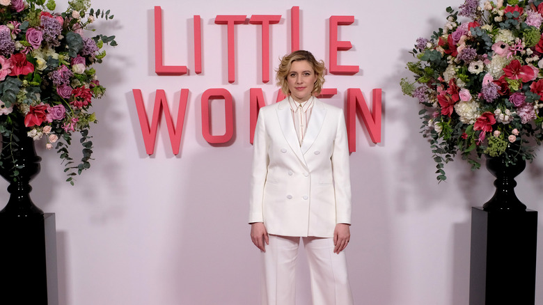 Greta Gerwig in white suit 