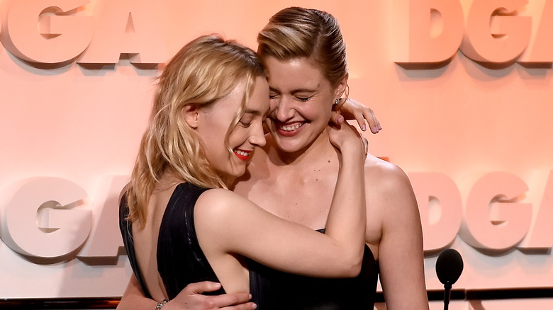 Greta Gerwig hugging Saoirse Ronan