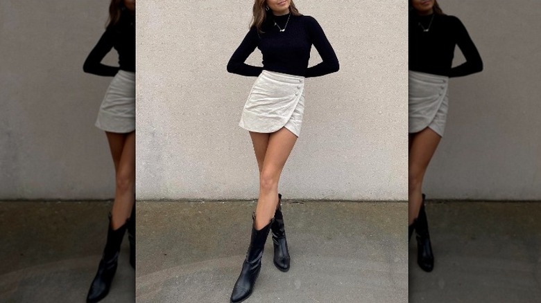 Cowboy boot outfit with skirt and turtleneck