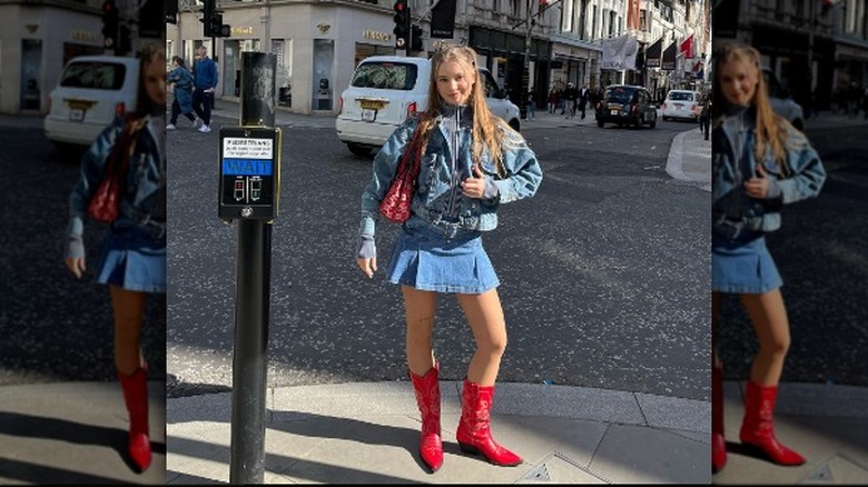 Denim-on-denim outfit with cowboy boots