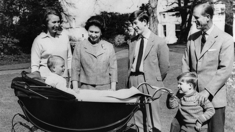 Princess Anne, Prince Edward, Queen Elizabeth II, Prince Charles, Prince Philip, and Prince Andrew