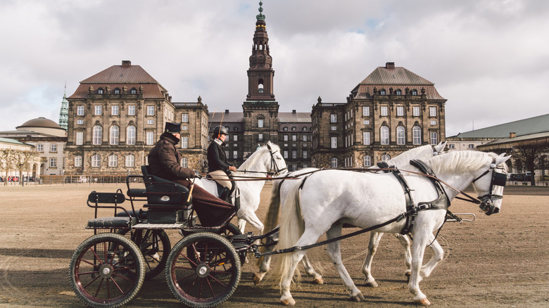 Horse and carriage in front of Christiansborg Palace in Denmark