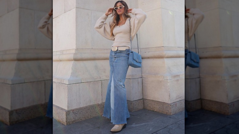 influencer Rocky Barnes wearing flared denim skirt