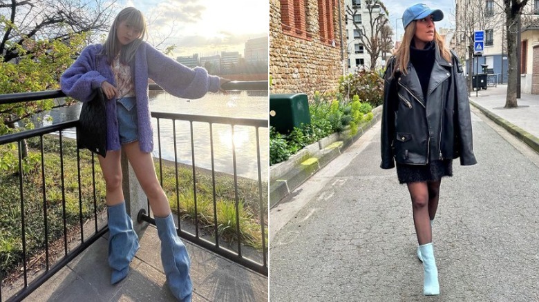 Women posing in denim boots