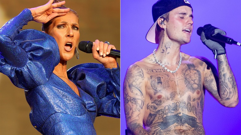 Left: Celine Dion performing, Right: Justin Bieber performing