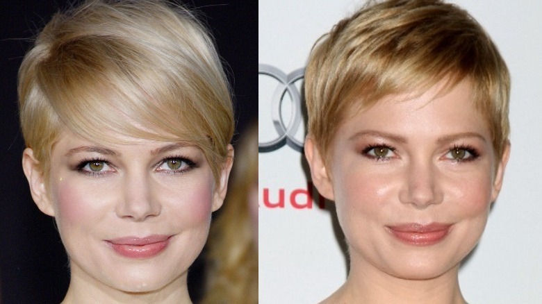 Michelle Williams with a light blonde pixie cut and a dirty blonde pixie cut