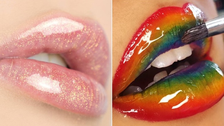 light pink shiny lips with subtle glitter and rainbow shiny lips