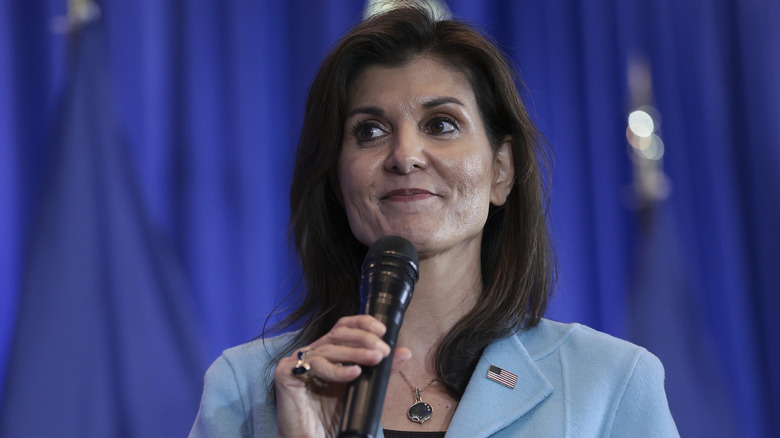 Nikki Haley holding microphone