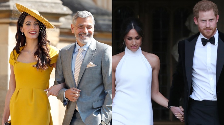 Amal Clooney George Clooney smiling & Meghan Markle Prince Harry holding hands