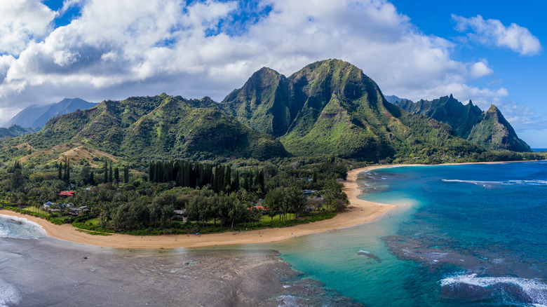 Kauai green mountains and ocean