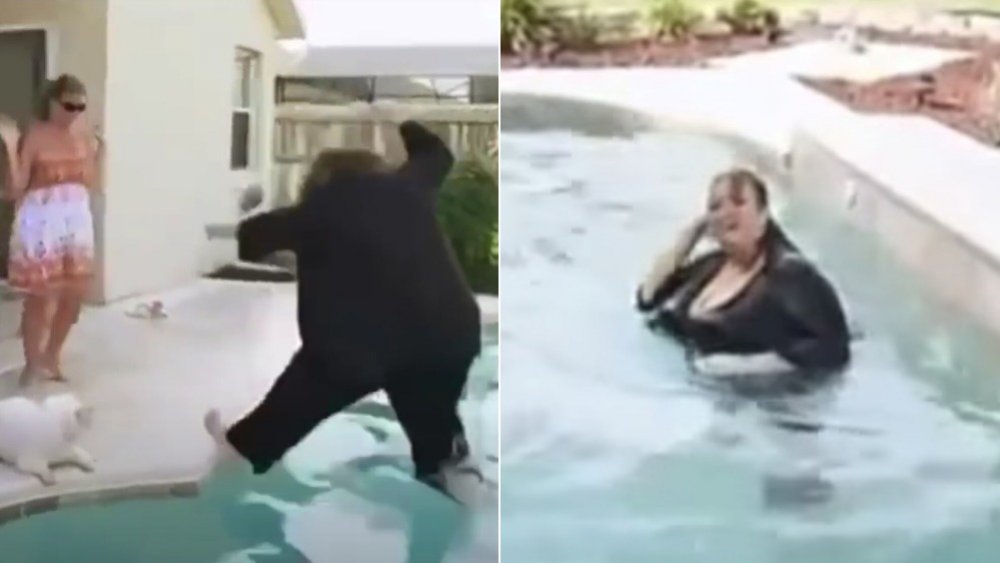 Melissa pushing Abby into a pool on Dance Moms